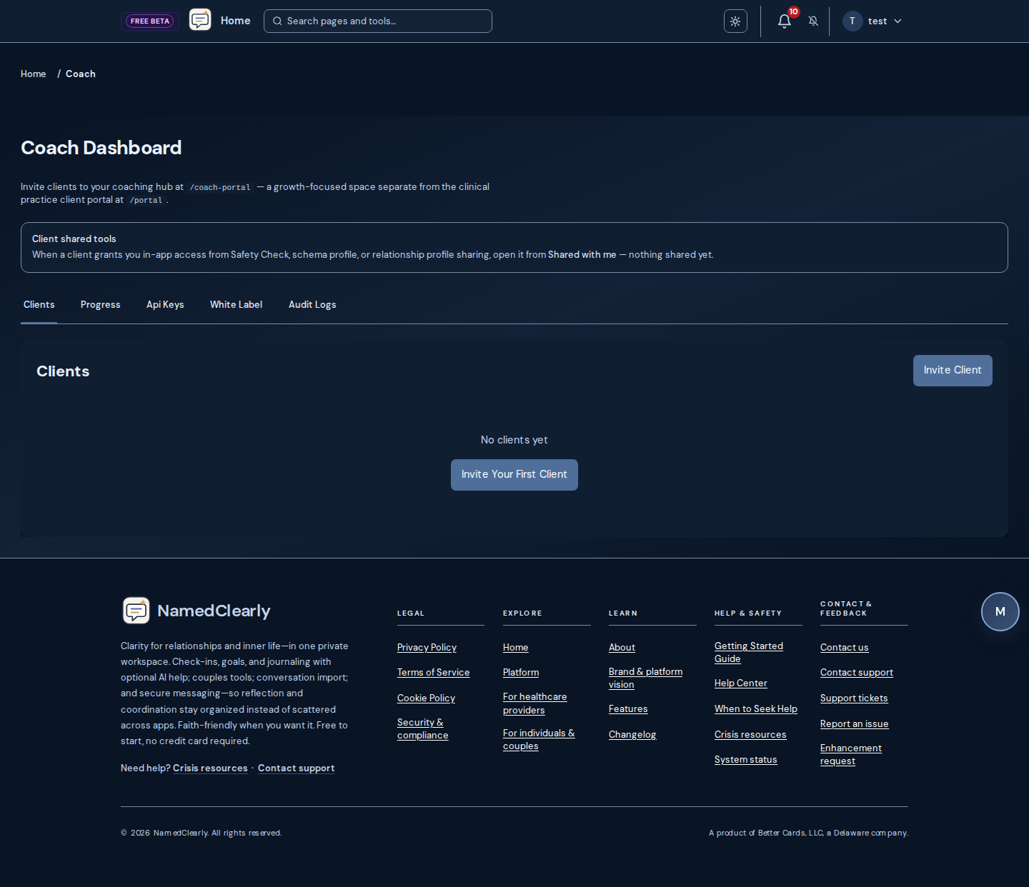 Screenshot: Coach tier — practice dashboard, scheduling, telehealth, billing, claims, client portal, client YSQ-R views