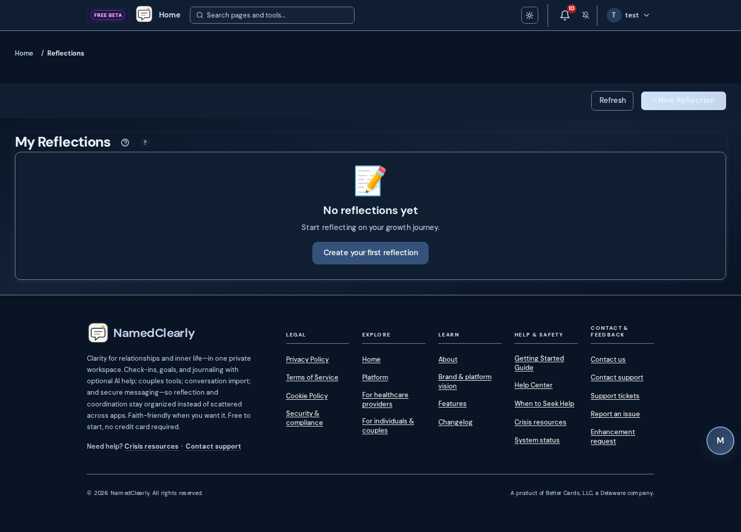 Screenshot: Reflections journal, goals, check-ins, progress, and growth readiness