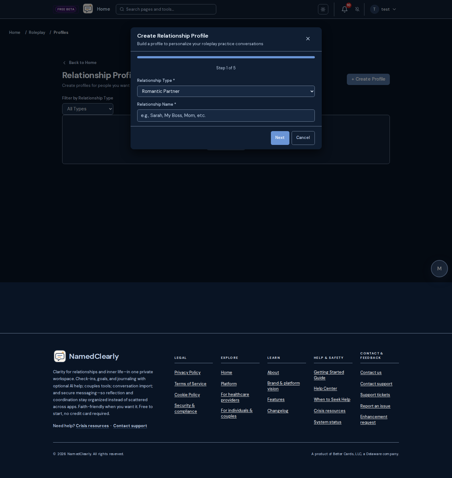 Screenshot: Roleplay profiles, solo practice, and optional timed read-only share links