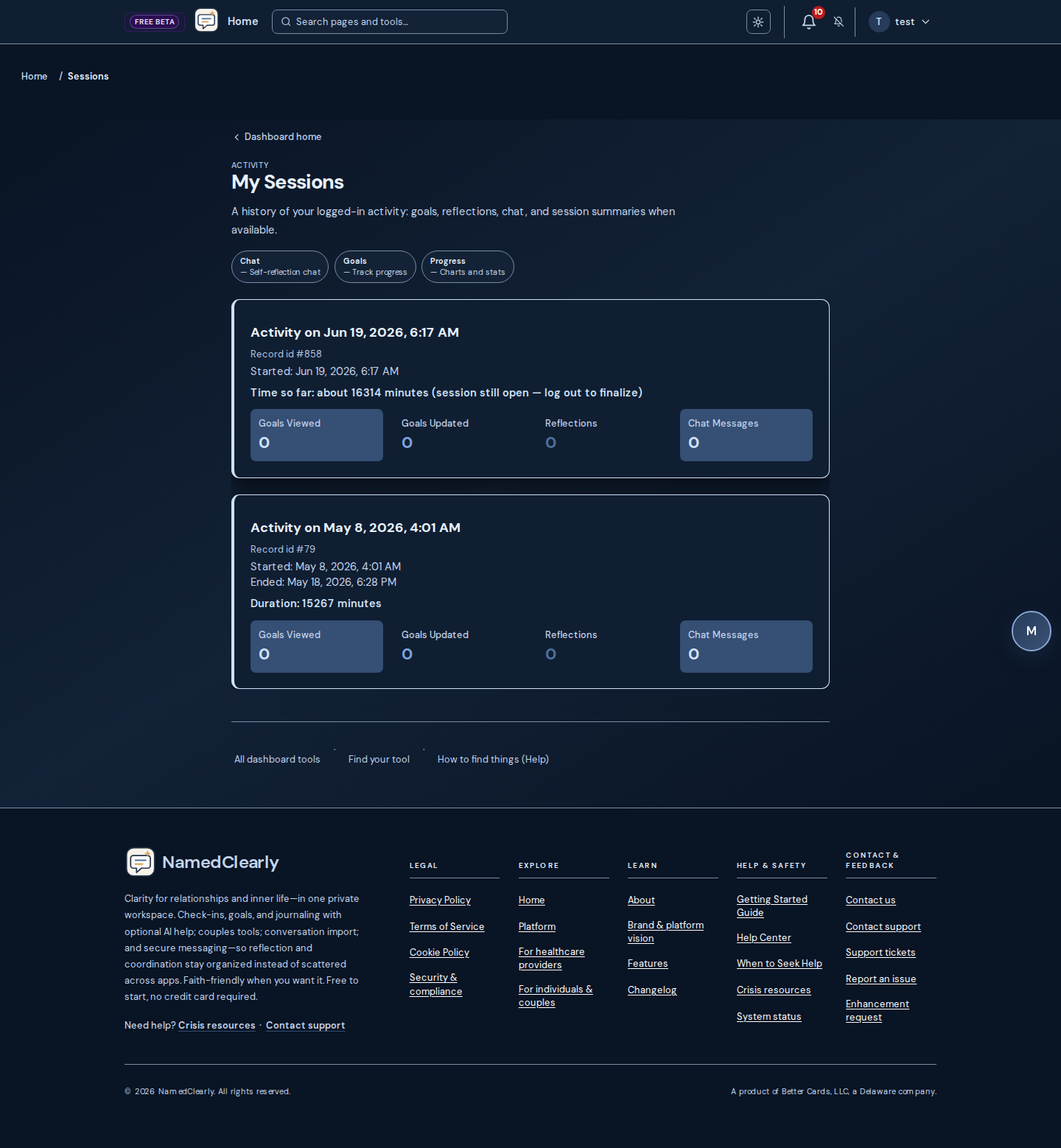 Screenshot: Activity History (Sessions)