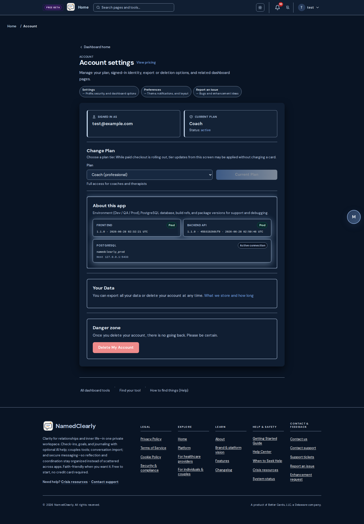 Screenshot: Crisis resources, Help Center, PDF reports, and white-label options where enabled